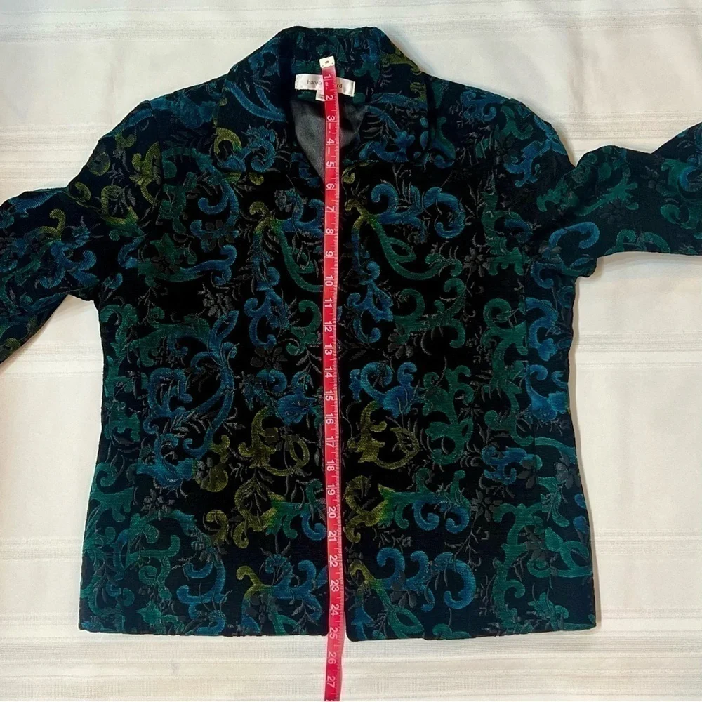 Harvé Benard Black Teal‎ Velvet Damask Open Front Jacket Blazer Sz 12